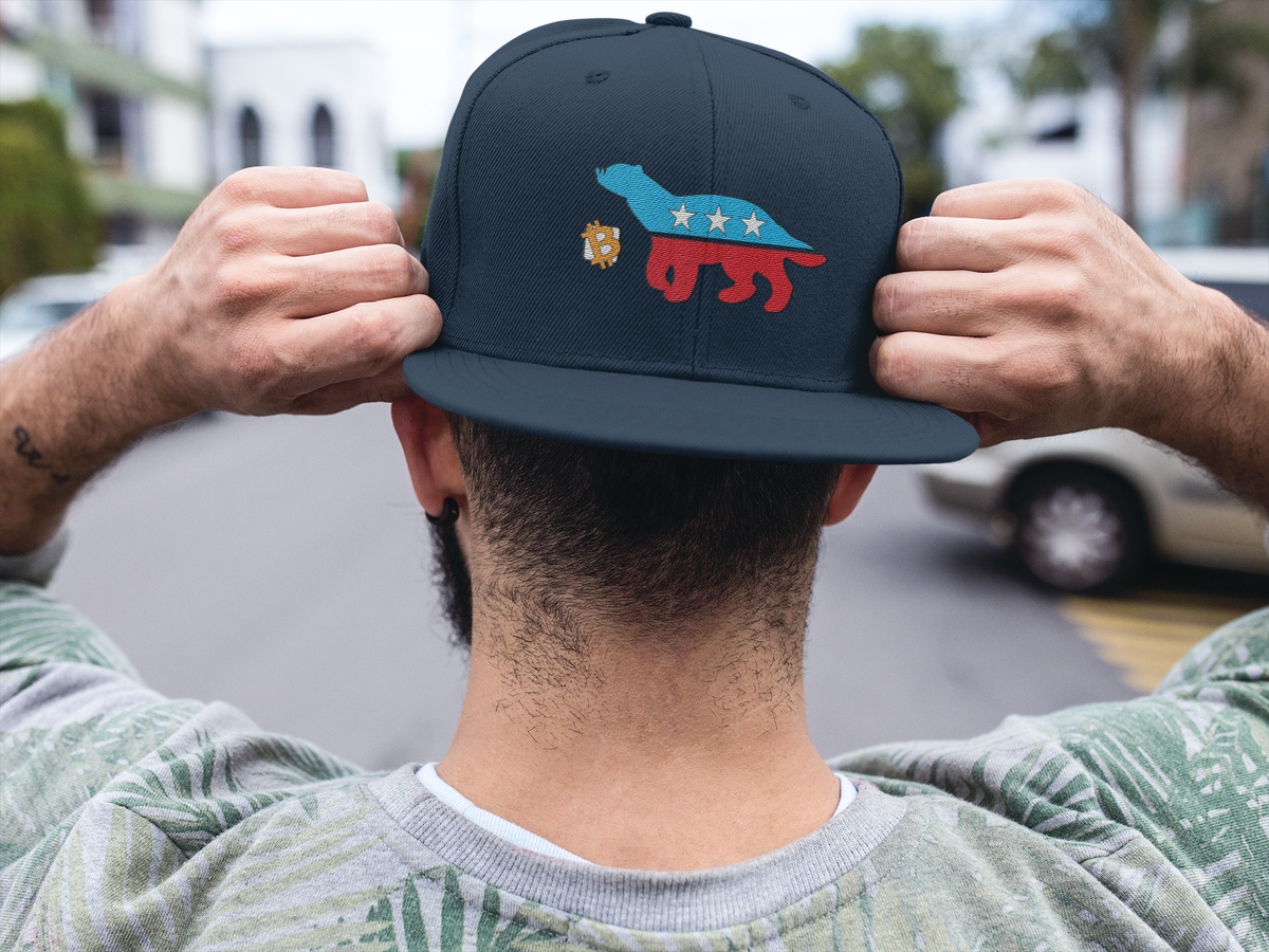 Dark navy bitcoin hat rear, bitcoin clothes.