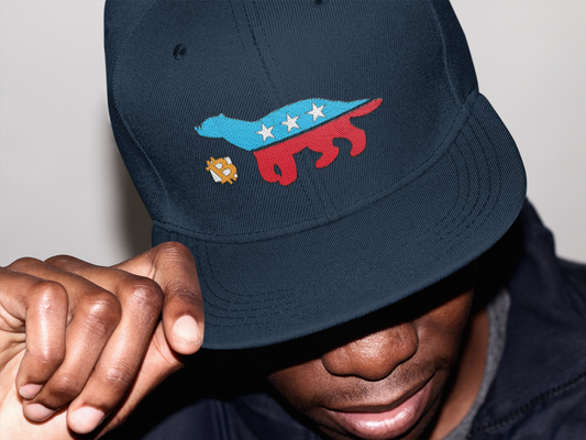 Dark navy bitcoin hat front, bitcoin clothes.